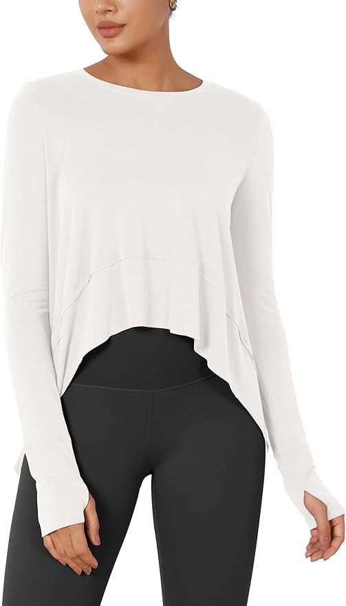 ODODOS Long Sleeve Tee for Women with Thumb Hole Athletic Gym Workout Crop Tops Yoga Shirts, Whit... | Amazon (US)