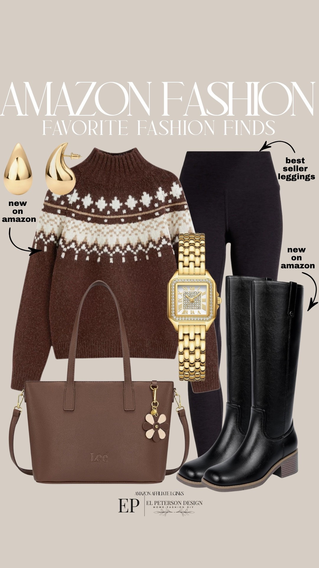 Amazon
New to Amazon
Leggings
Knee high boots
Purse
Earrings 
Watch 
Sweater