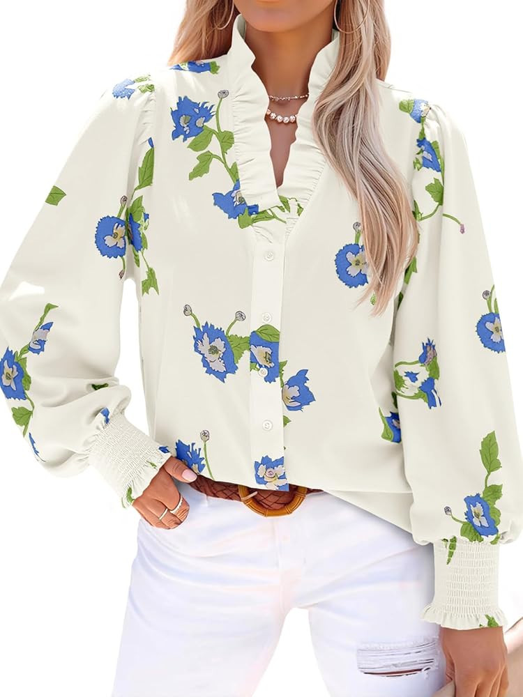 Tankaneo Womens Floral Ruffle Blouses Dressy Casual Long Puff Sleeve Boho Tops V Neck Button Down... | Amazon (US)
