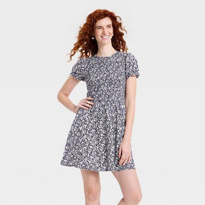 Women's Puff Short Sleeve Smocked Mini Sundress - Universal Thread™ Navy Blue Floral M | Target