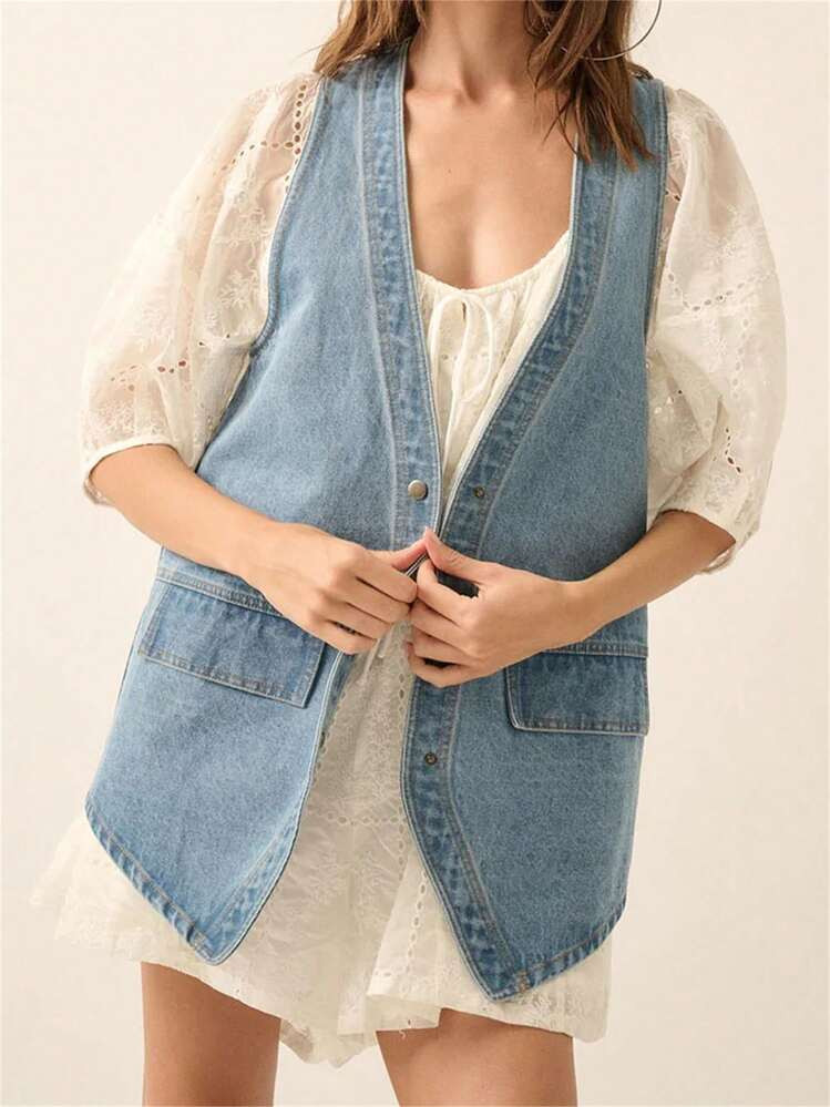 Womens Oversized Sleeveless Jean Denim Jacket Button Down Vest Top For Women Summer Waistcoat Jeans Vests Tops | SHEIN