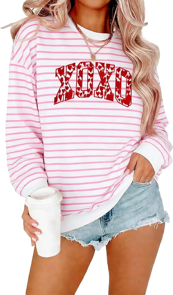ASTANFY Valentines Sweatshirts Women Valentines Day Sweater Embroidered Love Heart Sweatshirt Cut... | Amazon (US)
