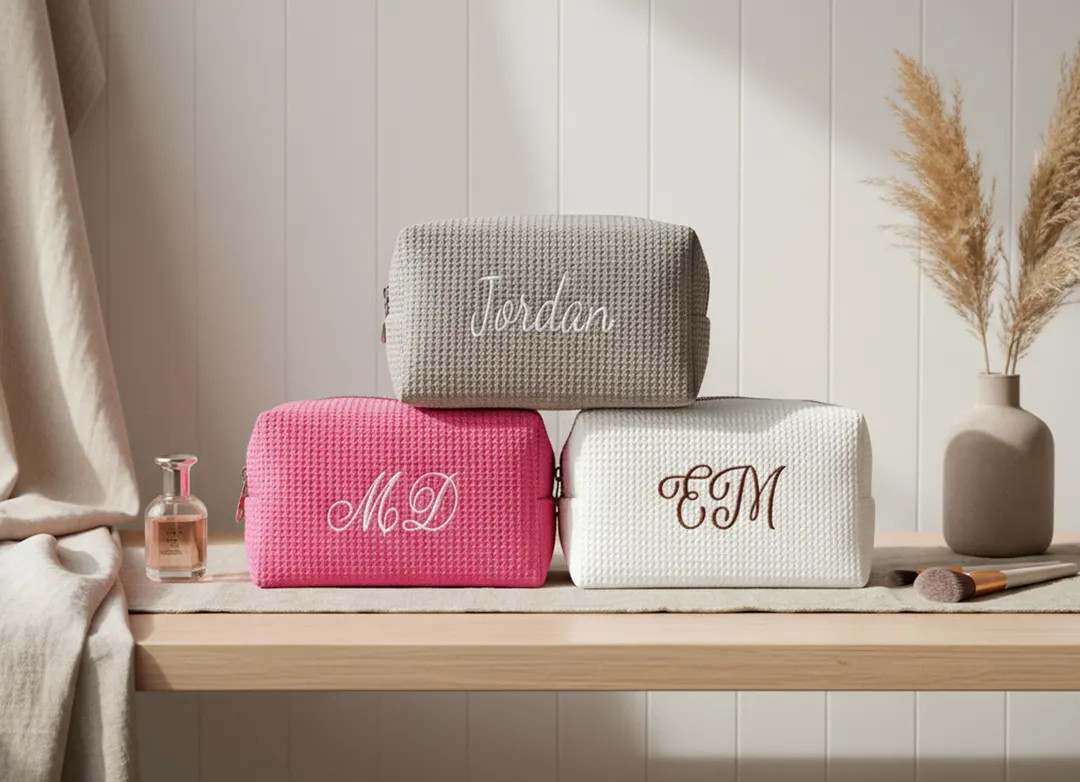Personalized Waffle Cosmetic Bag, Embroidered Monogram, Bridesmaid Gift - Etsy UK | Etsy (US)