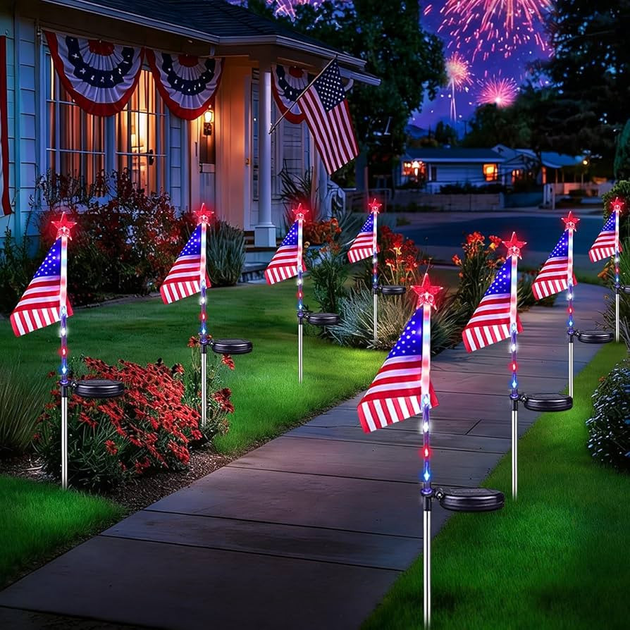8 Pack Solar American Flag Pathway Lights, Patriotic Red White Blue LED Stake Lights, Waterproof ... | Amazon (US)