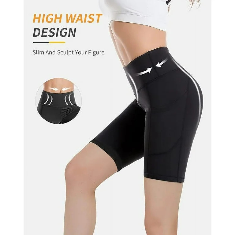 CAMBIVO Womens High Waist Yoga Shorts for Bike Running With 3 Pockets,Black M | Walmart (US)