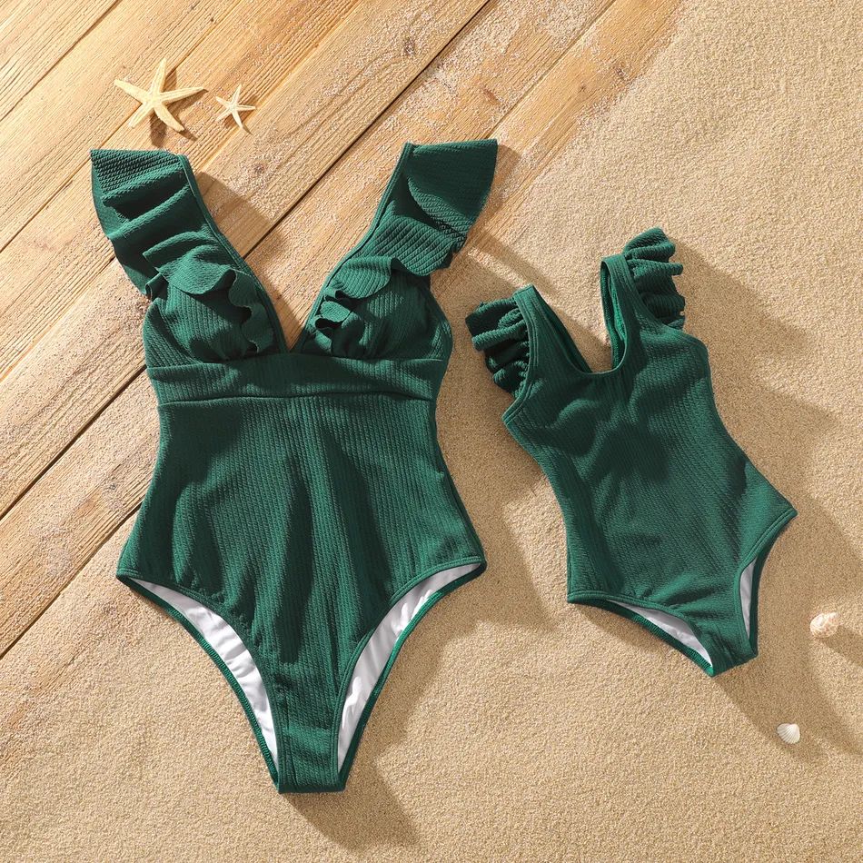 Dark Green Textured Deep V Neck Sleeveless Ruffle One-Piece Swimsuit for Mom and Me Only $11.99 P... | PatPat