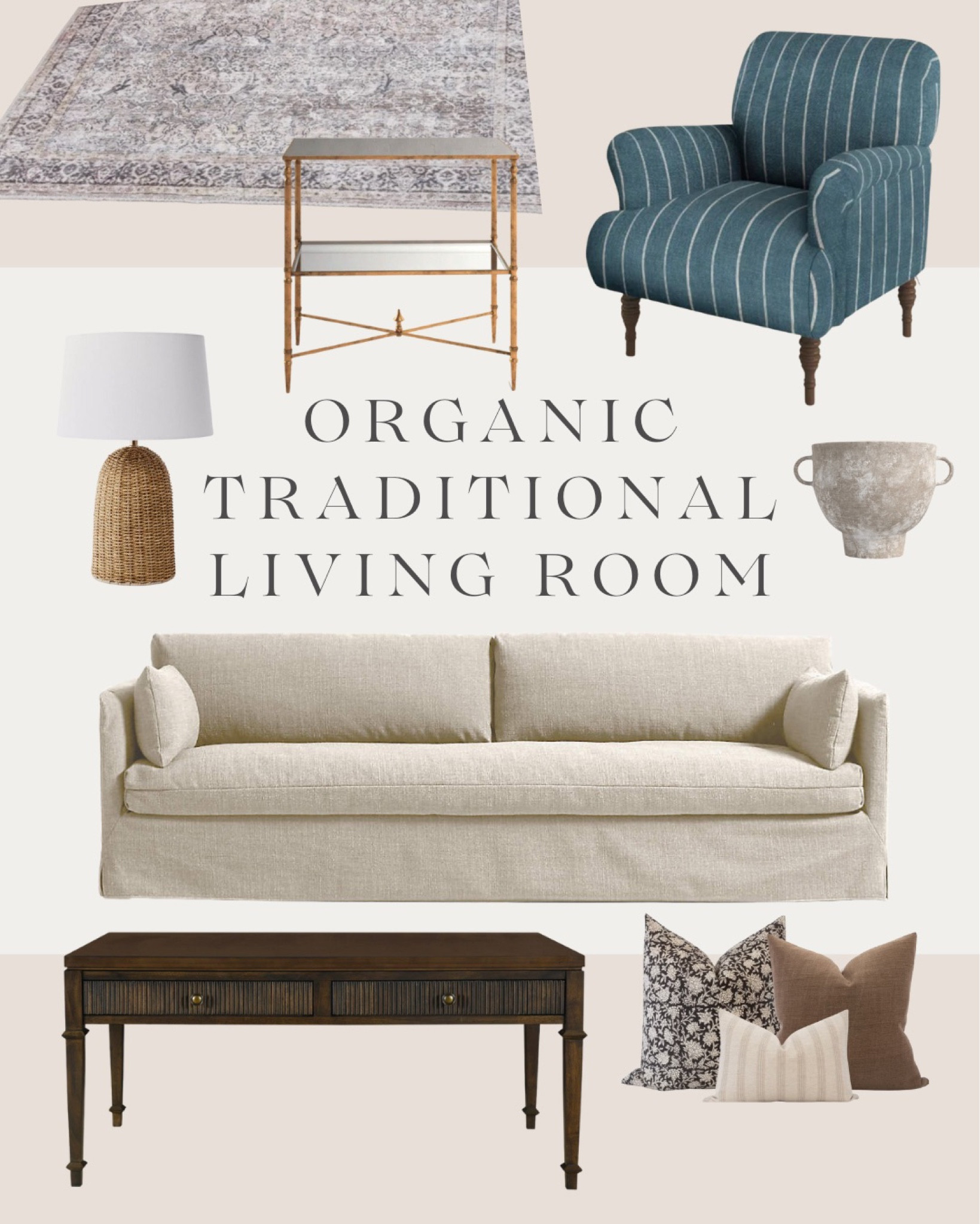 Organic traditional // living room // striped armchair // slipcovered sofa // vintage rug // fluted black coffee table // throw pillows // wicker lamp

#LTKCyberWeek #LTKhome