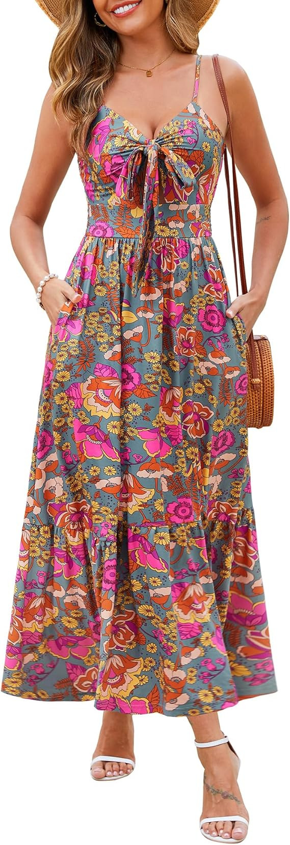 Kranda Women 2026 Summer Sundress High Waist Tie Front Spaghetti Strap Long Beach Floral Tiered M... | Amazon (US)