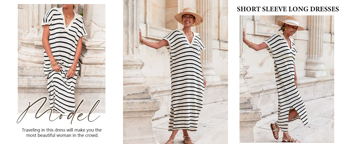 Saodimallsu Womens Striped Summer Dresses Short Sleeve V Neck Knit Collared Sexy Slit Loose Maxi ... | Amazon (US)