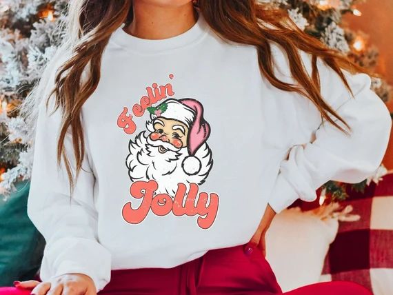 Retro Santa Sweatshirt Feelin Jolly Christmas Shirt Holiday | Etsy | Etsy (US)
