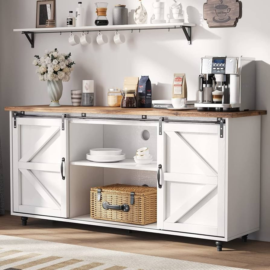 Farmhouse Coffee Bar Cabinet with Storage, 58’’ Kitchen Sideboard Buffet Storage Cabinet with Sliding Barn Door, White Coffee Bar with Adjustable Shelves, Buffet Table for Living Dining Room | Amazon (US)
