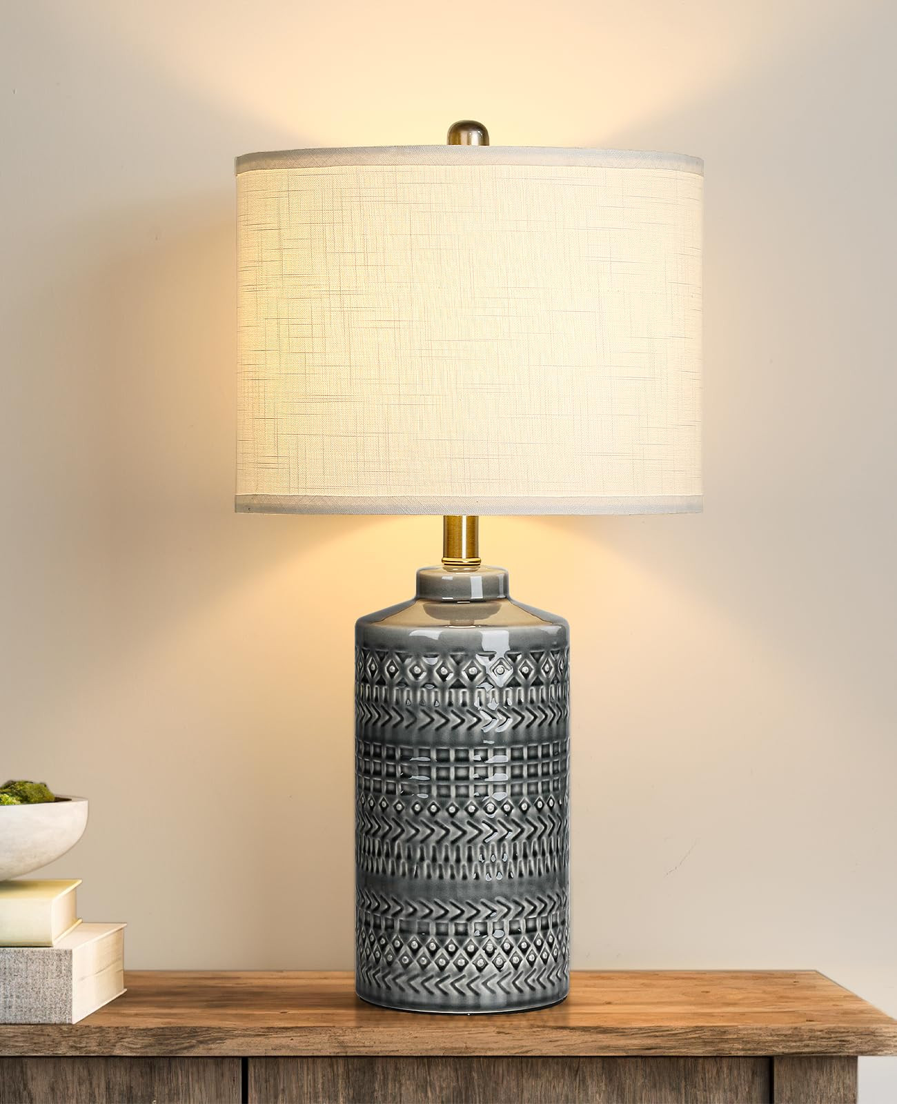 Modern Ceramic Table Lamp, 24.5" Living Room Lamps 3-Way Dimmable Gray Nightstand Lamp with White... | Amazon (US)