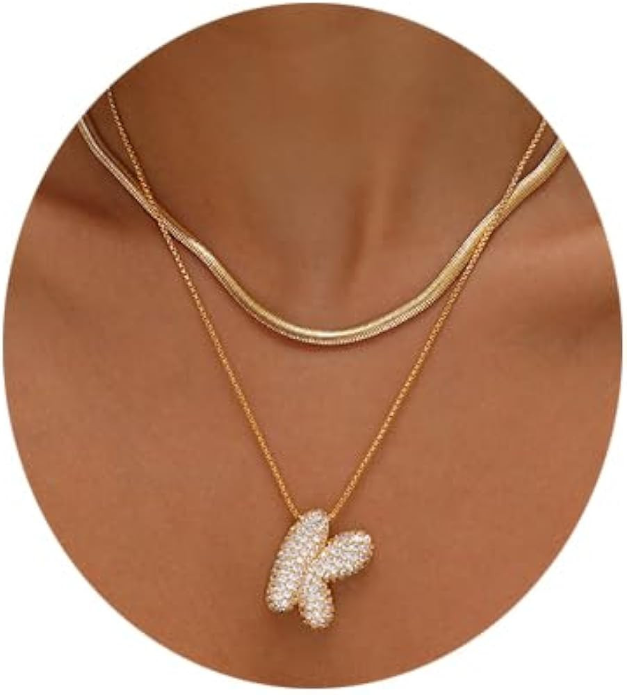 Bubble Letter Necklace Gold, Balloon Initial Necklaces, Chunky Letter Necklace for Women, Layered... | Amazon (US)