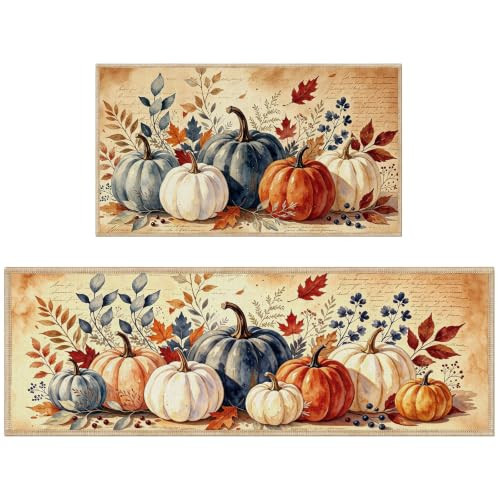 Yoyuspy Fall Pumpkin Kitchen Rugs Set of 2 - Watercolor Harvest Pumpkin Kitchen Mats with Diamond Velvet Silicone Base, Autumn Thanksgiving Decorative Rug for Home Kitchens 16x28 16x47 Inch | Amazon (US)