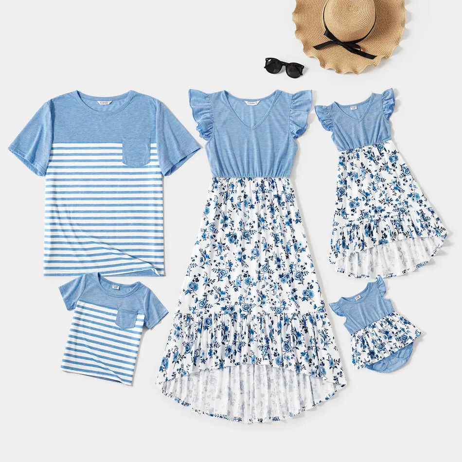 Family Matching Light Blue V Neck Flutter-sleeve Splicing Floral Print Irregular Hem Dresses and ... | PatPat