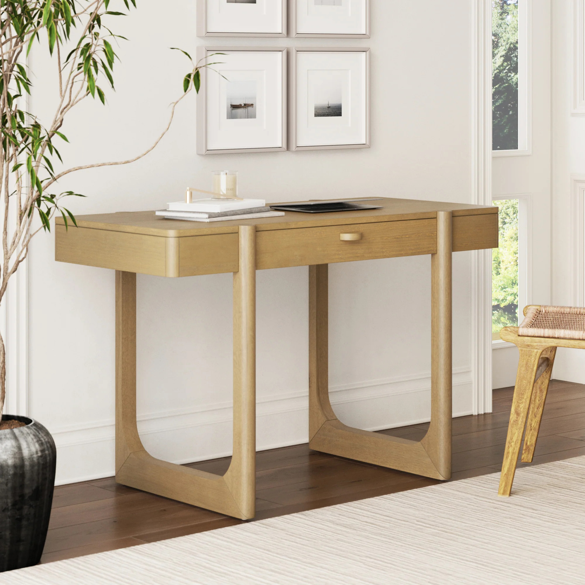 Solid Wood Desk with Drawer & Rounded Legs Light Brown | Nathan James