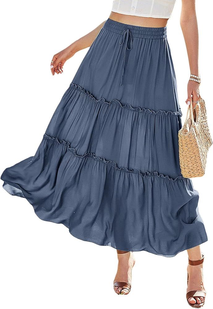 Floerns Women's Boho Fairycore Elastic Waisted Peasant Long Skirt | Amazon (US)