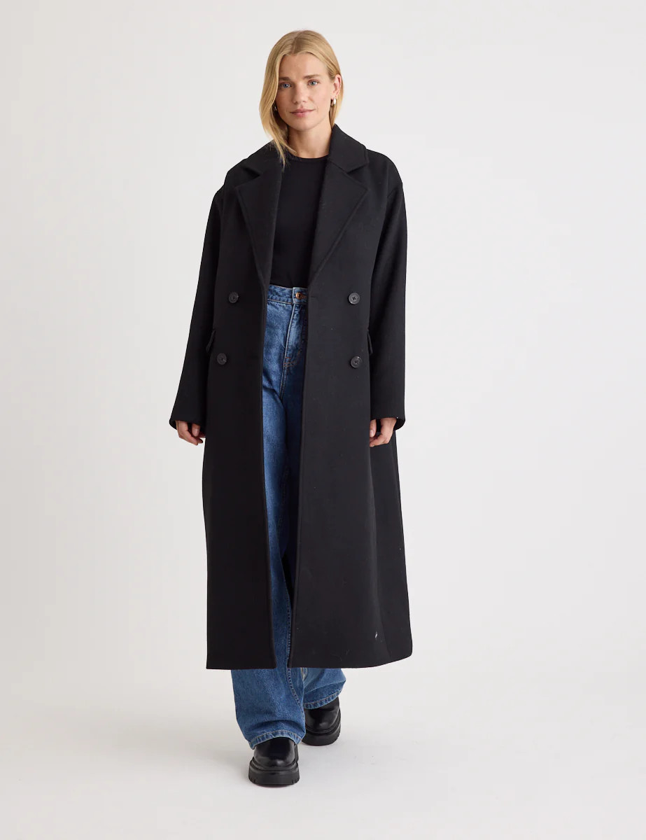 Black Double Breasted Wool Blend Coat | Nobody's Child