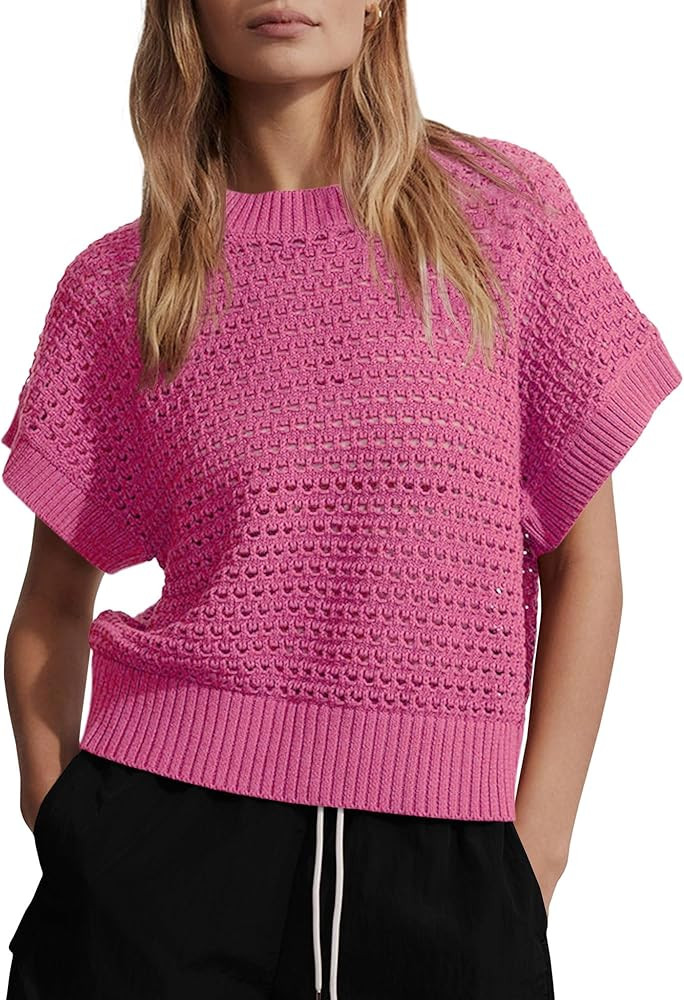 Saodimallsu Women's Sleeveless Knit Sweater Vest Casual Crochet Hollow Out Cap Sleeve Crewneck 20... | Amazon (US)