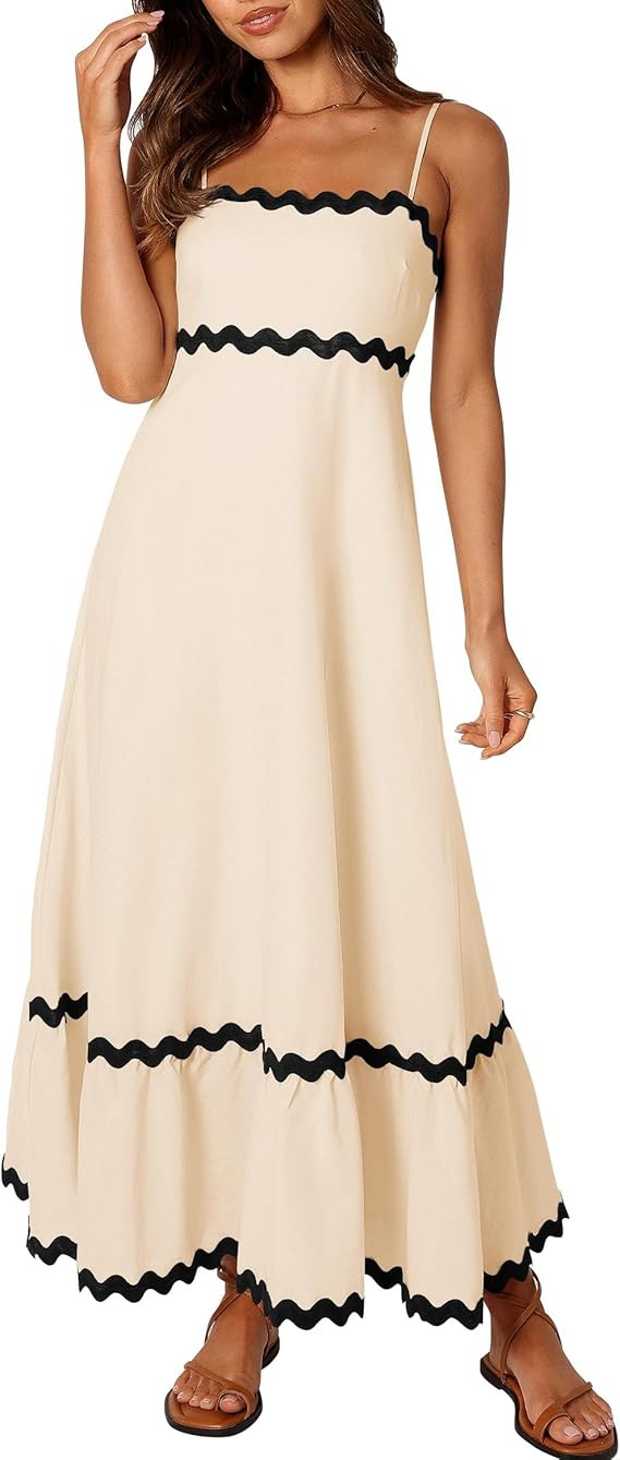 Midi Dresses for Women 2024, Spaghetti Straps Backless Sundress RIC Rac Smocked Swing A Line Flow... | Amazon (US)