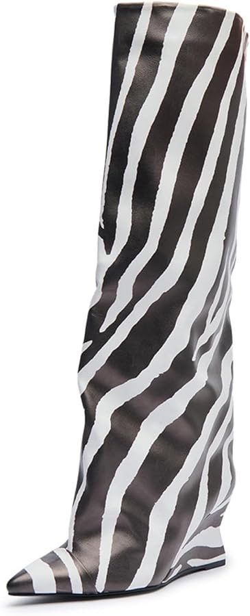 Goolita Women Wedge Heels Knee High Boots, Sexy Pointed Toe Zipper Wide Calf Boots Fashion Zebra ... | Amazon (US)