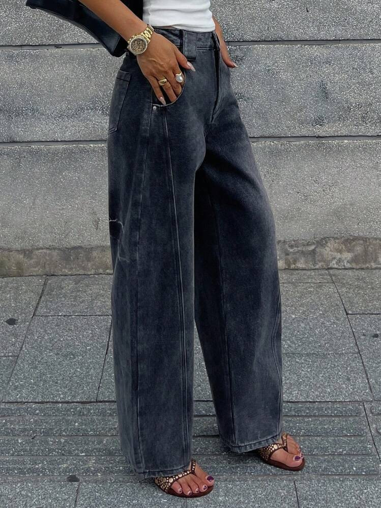 DAZY Loose Fit Vintage Washed Wide Leg Casual Jeans, American Workwear Style | SHEIN