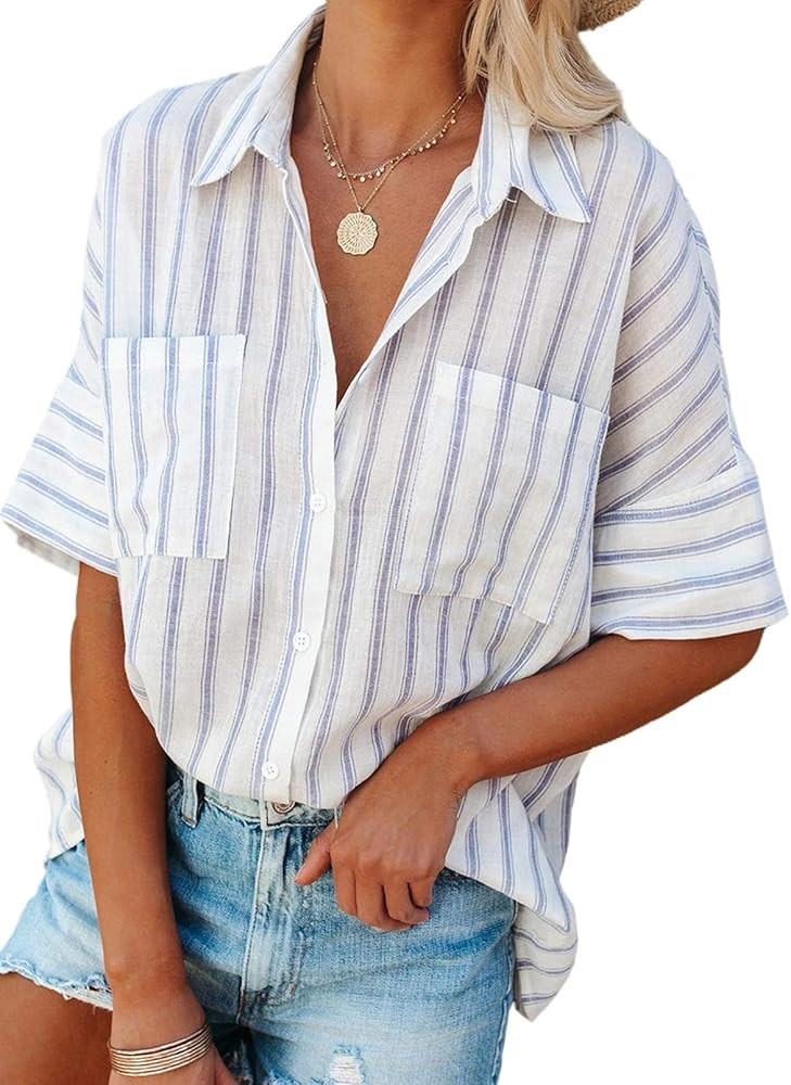 FARYSAYS Womens Striped Button Down Shirts Long Sleeve V Neck Oversize Blouse Tops | Amazon (US)