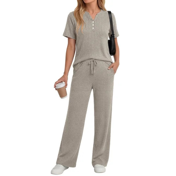 Fantaslook Two Piece Lounge Sets for Women Summer Outfits Henley V Neck Short Sleeve Tops Wide Le... | Walmart (US)