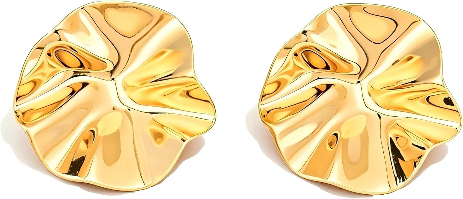 Gold Wavy Flower Petal Stud Earrings for Women Hammered Statement Studs | Amazon (US)