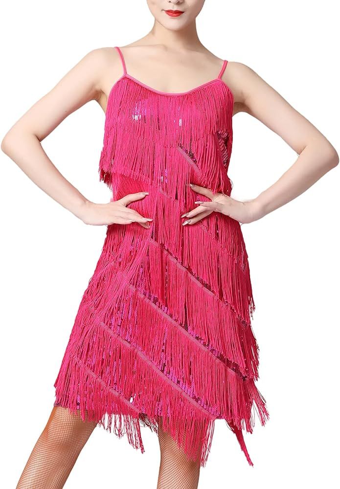 Women Salsa Latin Dance Dress Sequin Tassel Fringe Flapper Dress 1920s Gatsby Cocktail Dress Tang... | Amazon (US)