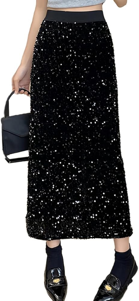 ADWAXDA Sparkly Skirt for Women, Elastic High Waist Sequin Maxi Skirt, Night Out Evening Party Co... | Amazon (US)
