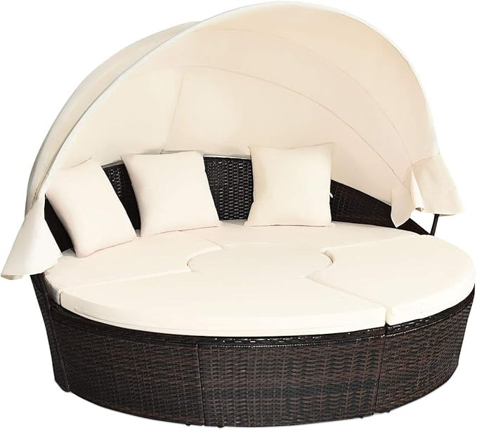 Tangkula Patio Round Daybed with Retractable Canopy, Outdoor Wicker Rattan Furniture Sets, Sectio... | Amazon (US)