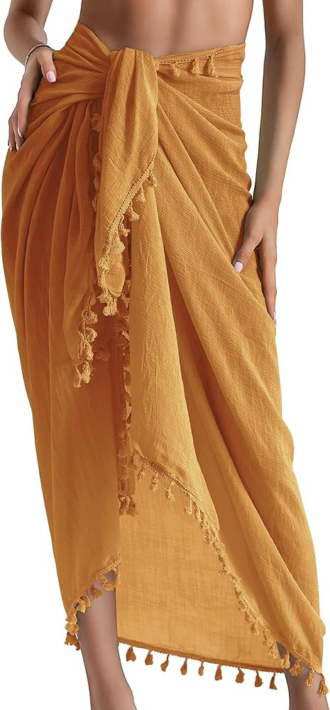 Eicolorte Beach Sarong Pareo Womens Semi-Sheer Swimwear Cover Ups Short Skirt with Tassels | Amazon (US)