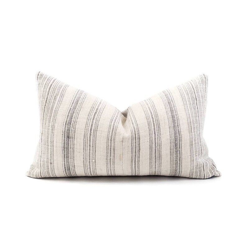 Hmong pillow, 13"×21" grey stripe hmong hemp pillow cover, linen stripe pillow | Etsy (US)