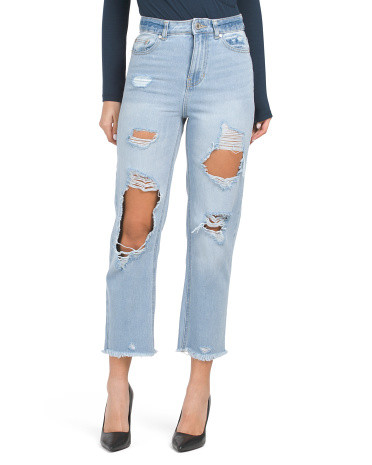 Juniors Straight Extra Destruction Rain Frayed Cuff Jeans | TJ Maxx
