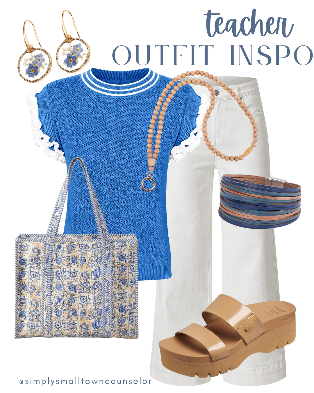 Teacher Outfit Inspo 💙 This pretty blue sweater paired with white wide-leg jeans makes such a bright, polished look for the classroom! Add comfy platform sandals and a few fun accessories for an easy back-to-school outfit. 🍎✨
 

 #LTKWorkwear