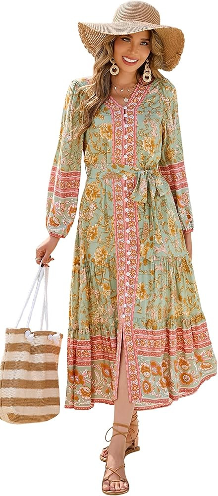 R.Vivimos Women's Long Sleeve Boho Midi Dress V Neck Floral Print Casual Button Down Loose Ruffle... | Amazon (US)