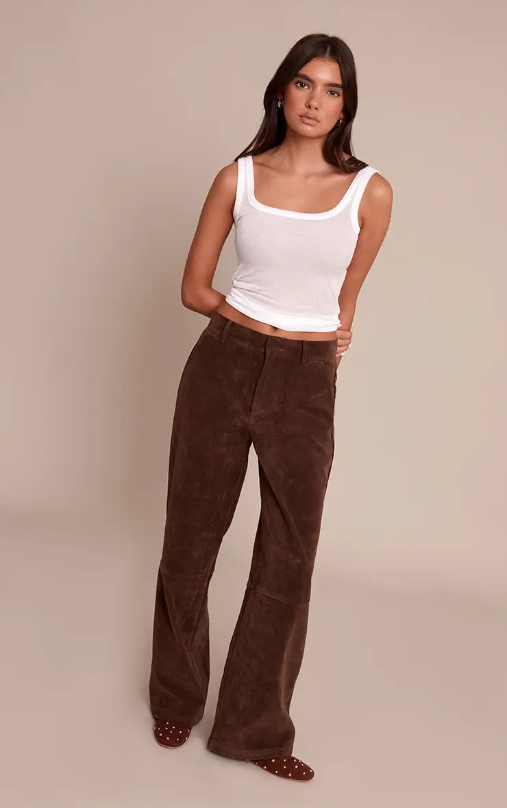 Dark Brown Suede Straight Leg Trousers | PrettyLittleThing UK