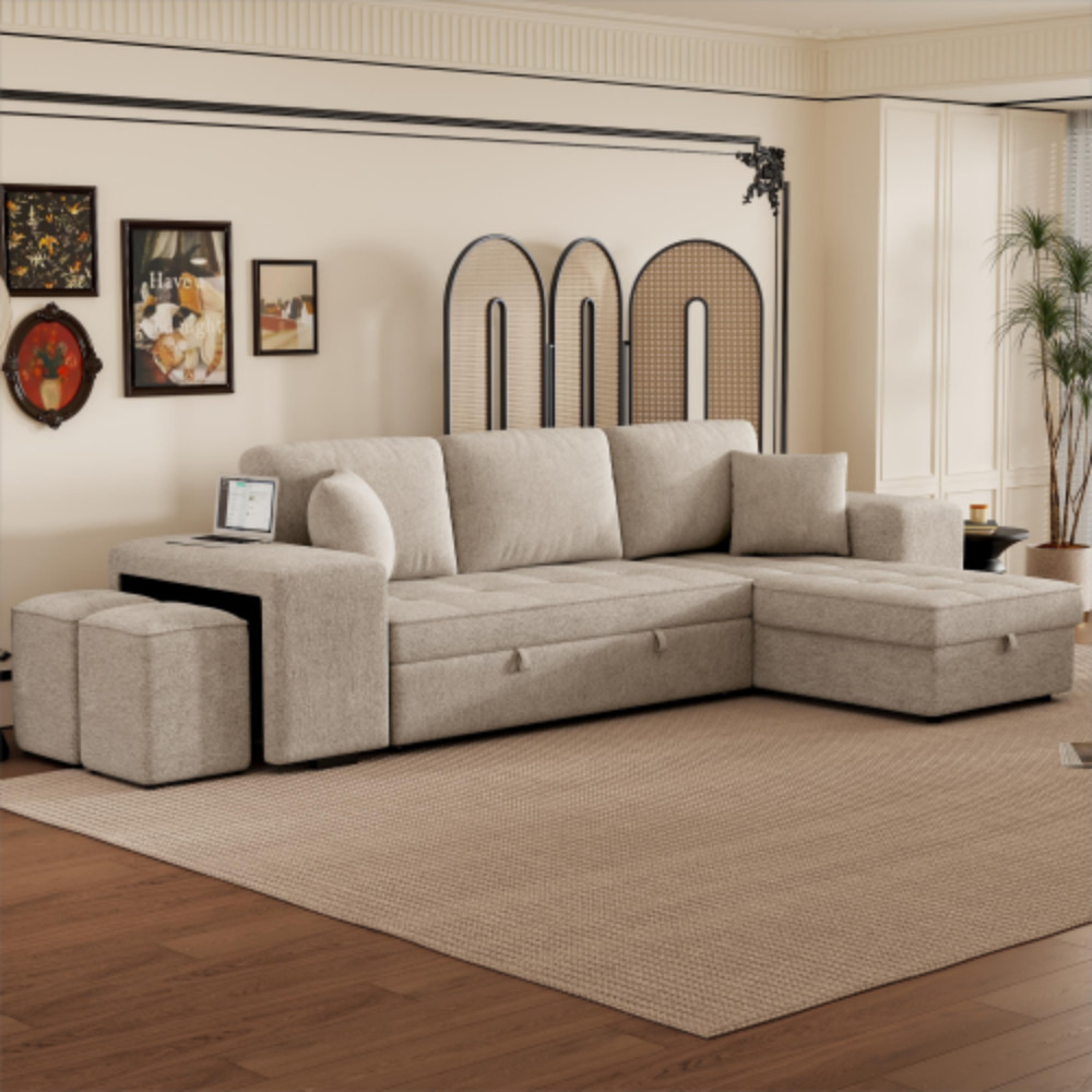LUCKY ONE - 104.5" L-Shape Reversible Pull-Out Sleeper Sectional Sofa with Storage Chaise & 2 Stools - Cream | Best Buy U.S.