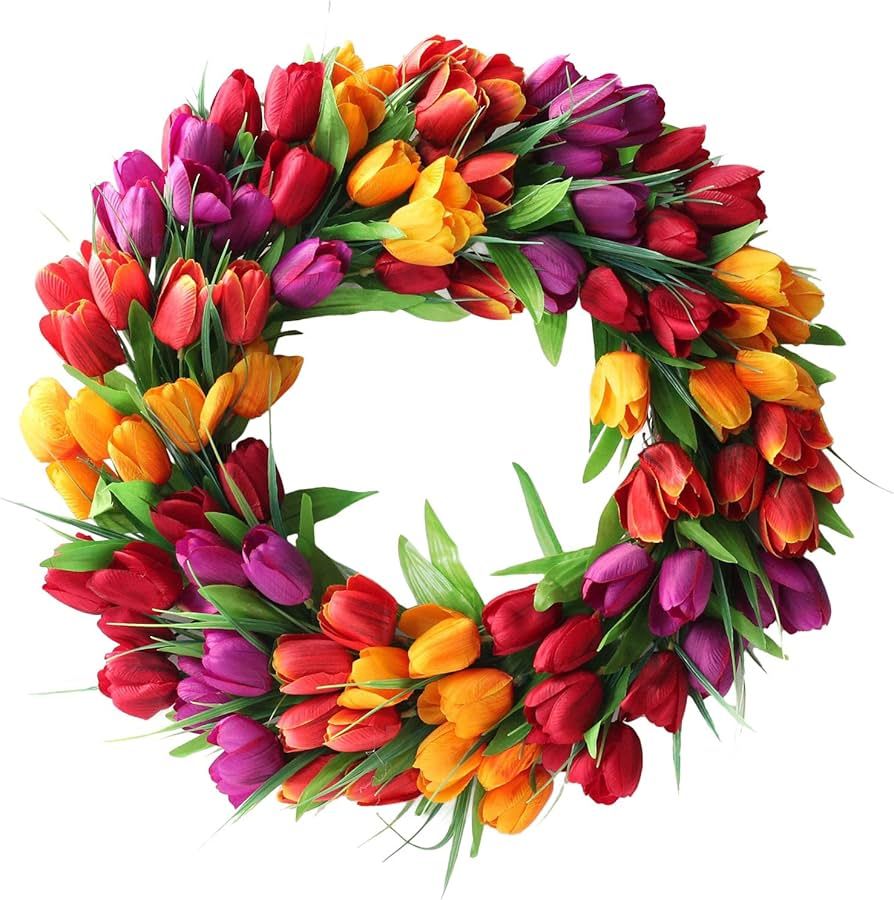 Ewer 20 Inches Tulip Wreath, Artificial Flower Handmade Floral Wreath for 2021 New Spring, Simula... | Amazon (US)
