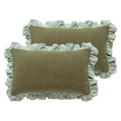 patdrea Shabby Chic Green Decorative Throw Pillow Covers 12x20 Set of 2,Farmhouse Linen Pillow Covers with Ruffles,Rectangle Sturdy Throw Pillow Case for Couch Sofa Bed Living Room | Amazon (US)