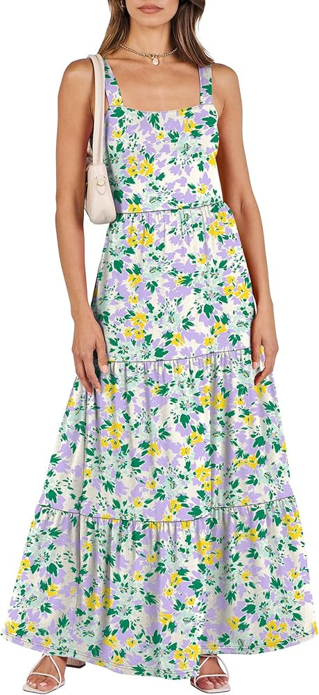ANRABESS Women's Summer Casual Long Maxi Beach Vacation Dresses Sleeveless Square Neck Flowy Tier... | Amazon (US)