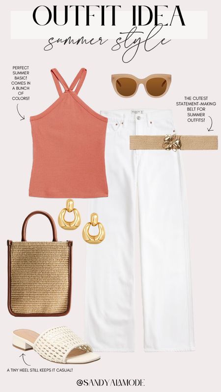 Chic summer style | spring to summer outfit idea | white wide leg jeans | halter neck tank top | straw tote bag | viral gold earrings | rattan and gold summer belt | designer inspired sunglasses | elevated casual summer outfit 

#LTKFindsUnder100 #LTKSeasonal #LTKStyleTip