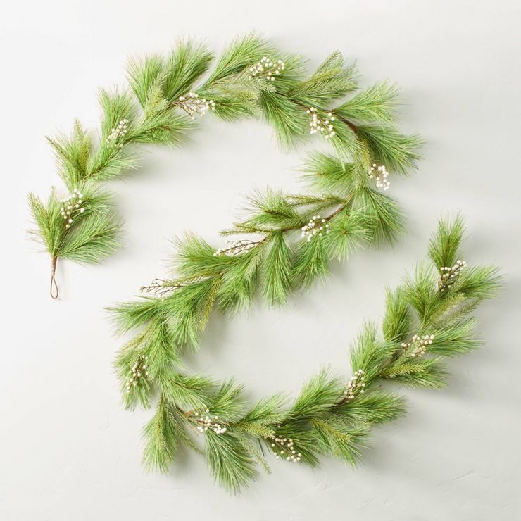 10&#39; Needle Pine with Snowberries Seasonal Faux Garland Green/White - Hearth &#38; Hand&#8482;... | Target