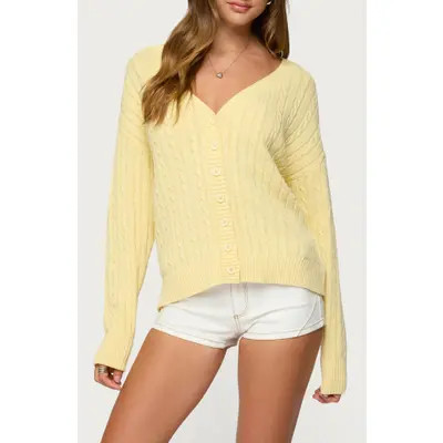 EDIKTED Francine Oversize Cable Cotton Cardigan in Yellow at Nordstrom, Size Large | Nordstrom