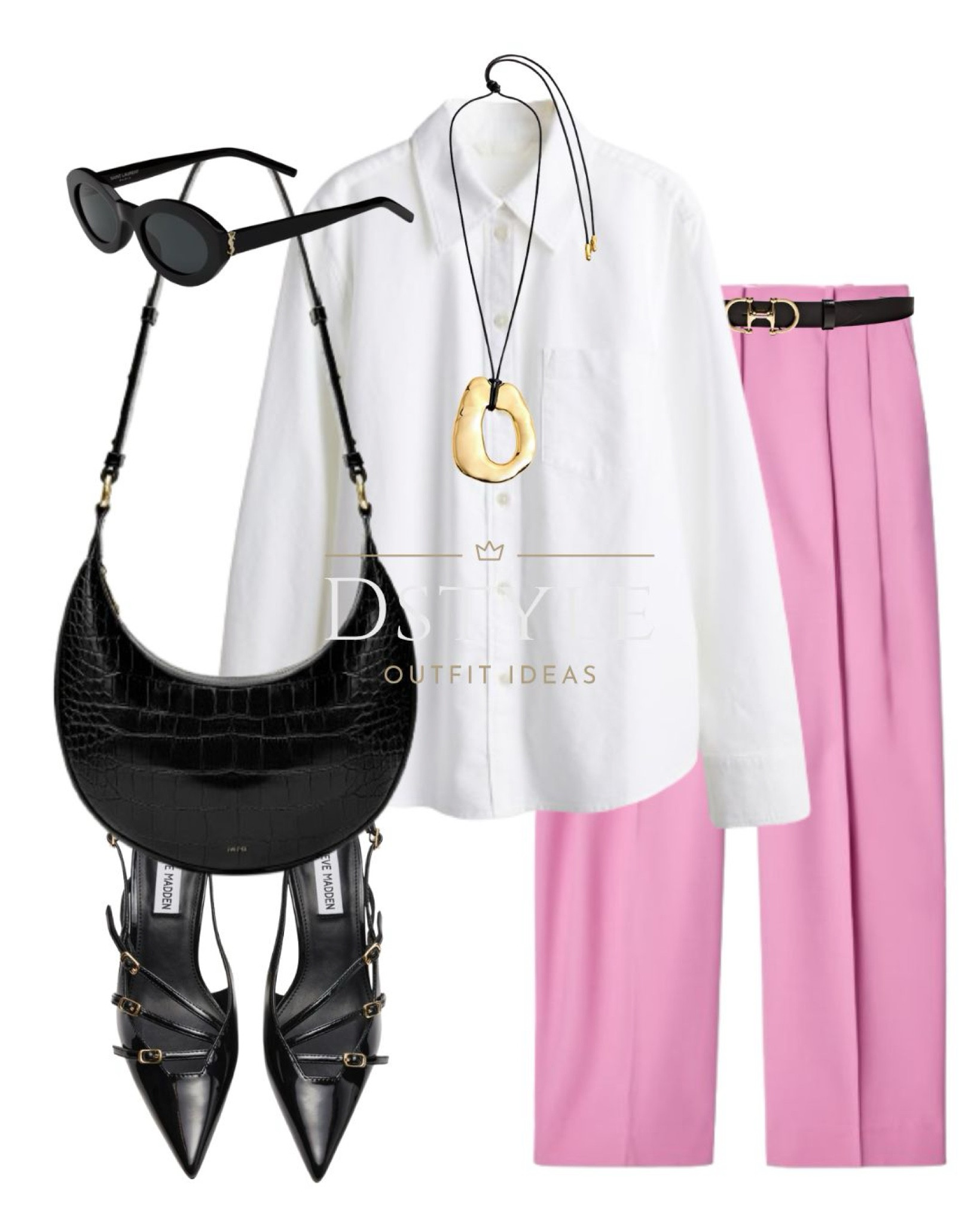 White shirt, pink relaxed twill wide-leg pants/ trousers, black bag, black belt, black patent shoes, slingback, work wear, spring outfit, pop of pink 

 #LTKStyleTip #LTKWorkwear #LTKShoeCrush