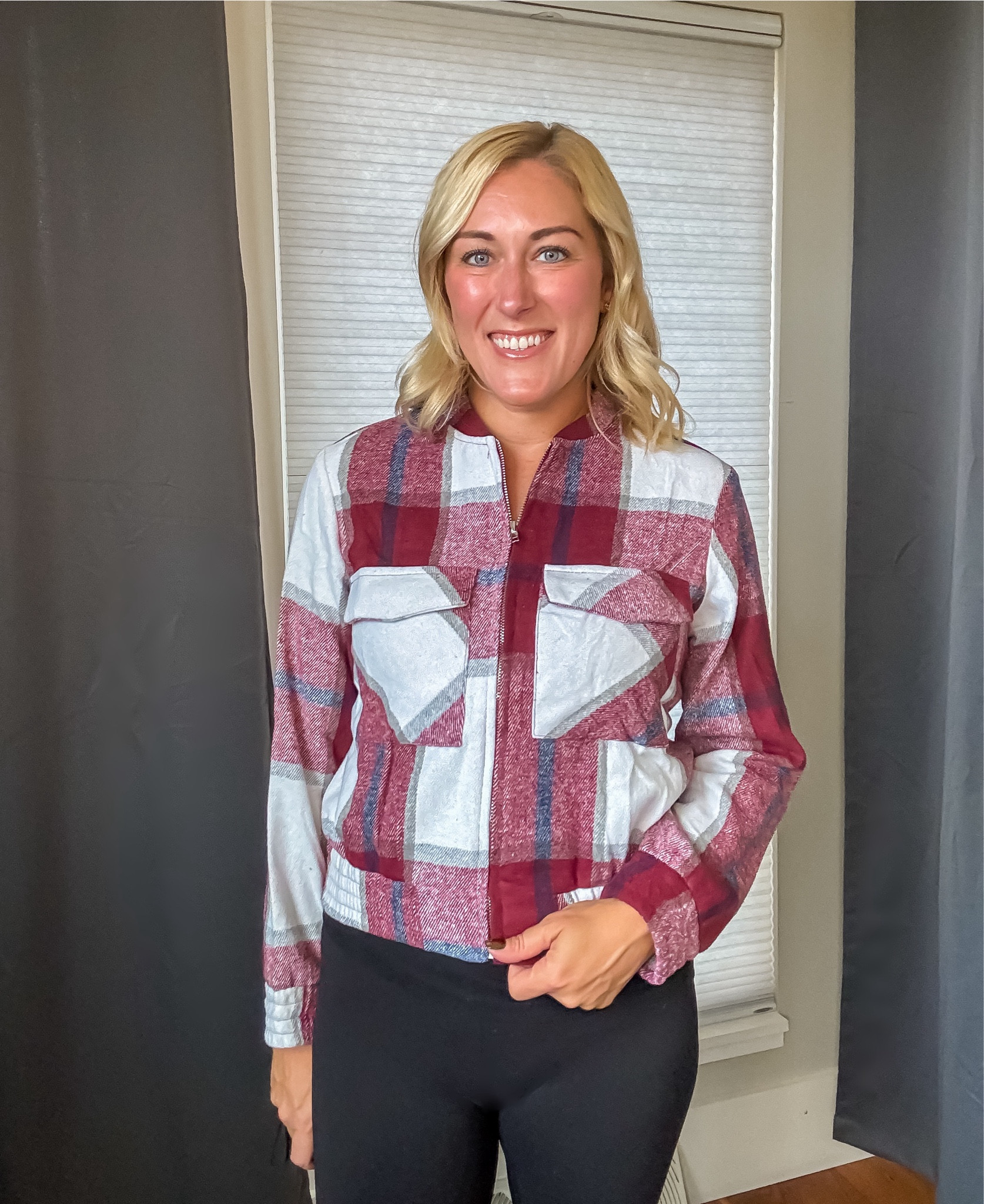 This cute little plaid bomber jacket has me feeling so cheery! The fabric is soft and the fit is perfect. 