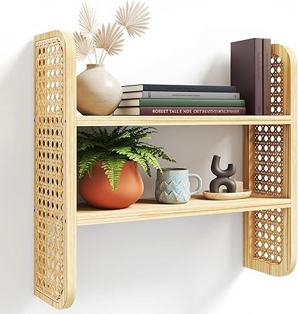 Natural 2-Tier Rattan Shelf - Wall Mounted Woven Boho Shelves, Handmade Rattan Display Shelf for ... | Amazon (US)