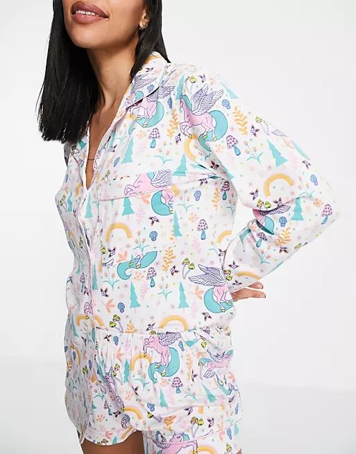 Chelsea Peers unicorn print shirt and shorts pyjama set in multi colour | ASOS (Global)