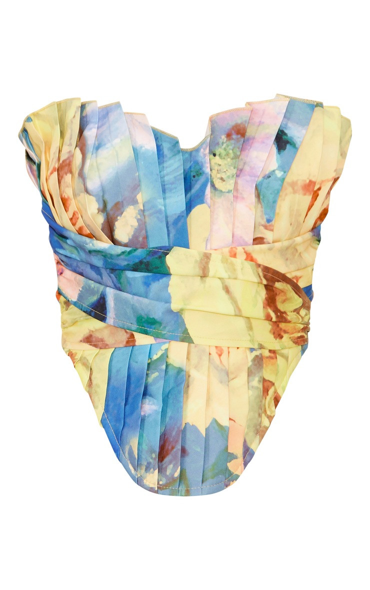 Yellow Floral Print Woven Pleated Drape Front Corset | PrettyLittleThing US